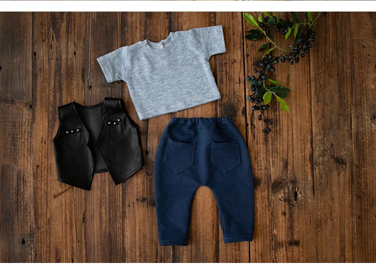 Newborn Photography Clothes for Baby Boy Cool Leather Jacket Clothing Musician Guirar Set Props for Studio Photoshoot Props