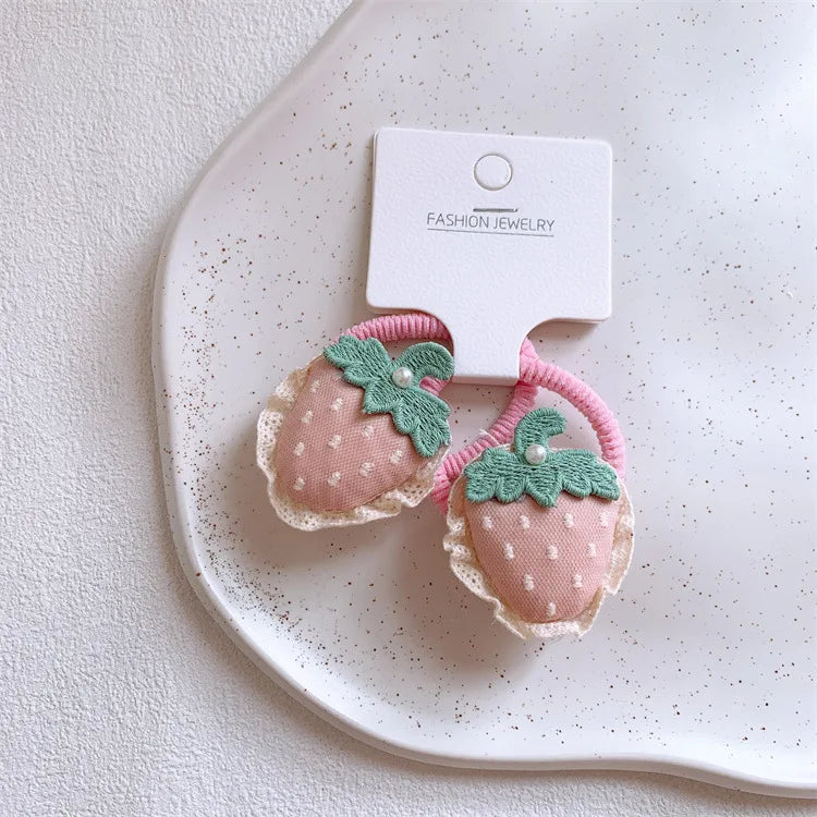 Pink Padded Fabric Cartoon Fruit Hair Clips Hair Ties for Girls Sweet Elastic Ponytail Holders Cute No Damage Hair Accessories
