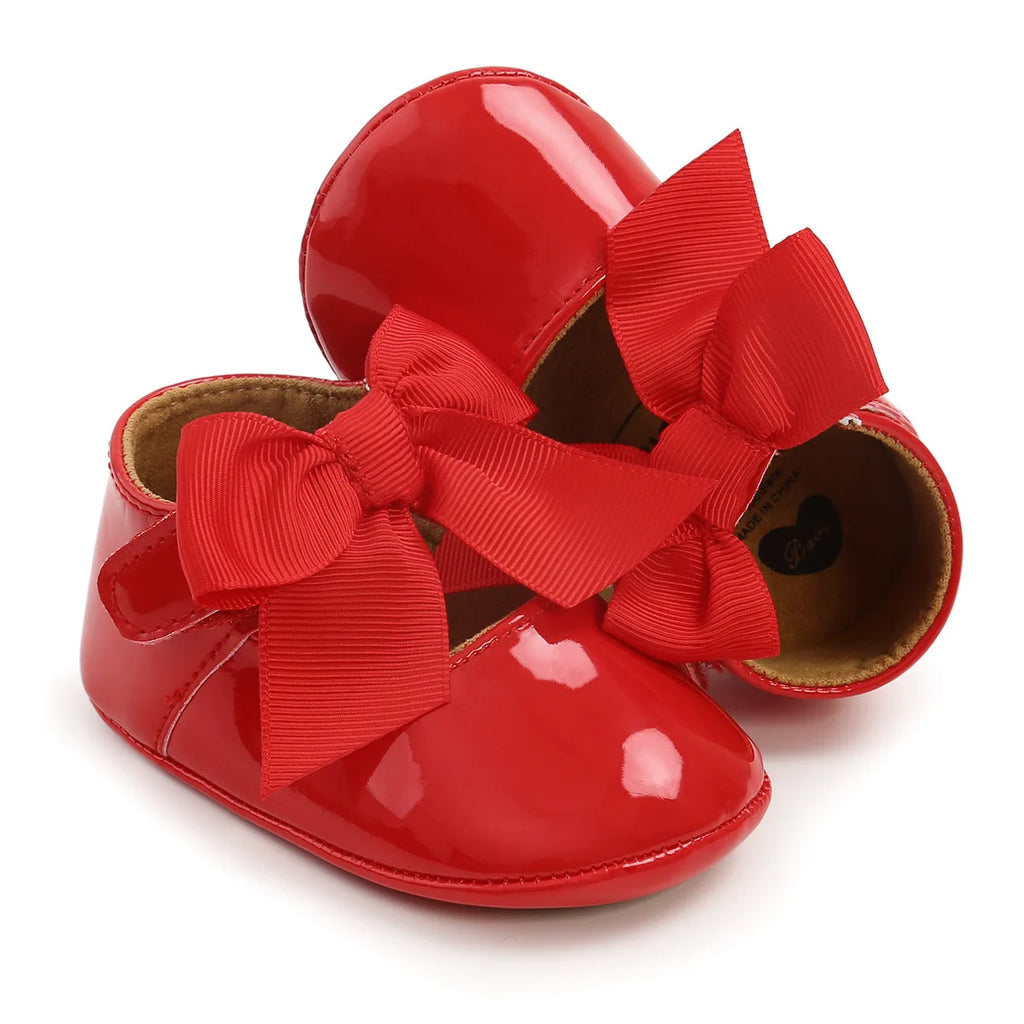 Bailarinas con nudo de lazo para bebé, suela de goma antideslizante, zapatos de PU para primeros pasos, zapatos de vestir para cuna de bebé