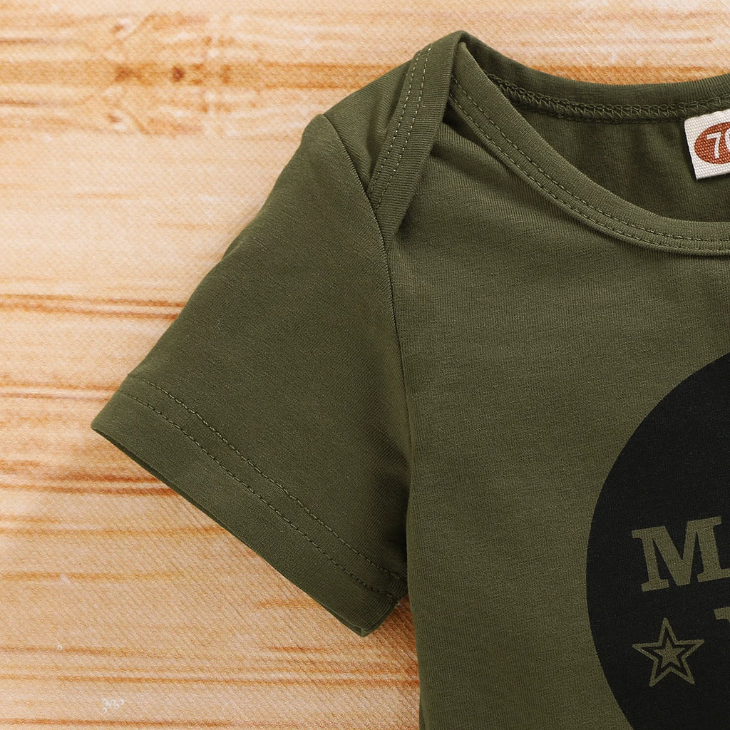 0-18 Monate Neugeborenes Baby Jungen Kleidung Set Buchstaben Print Kurzarm Body+Camouflage Hose+Mütze 3-teiliges Kleinkind Jungen Sommer Outfit