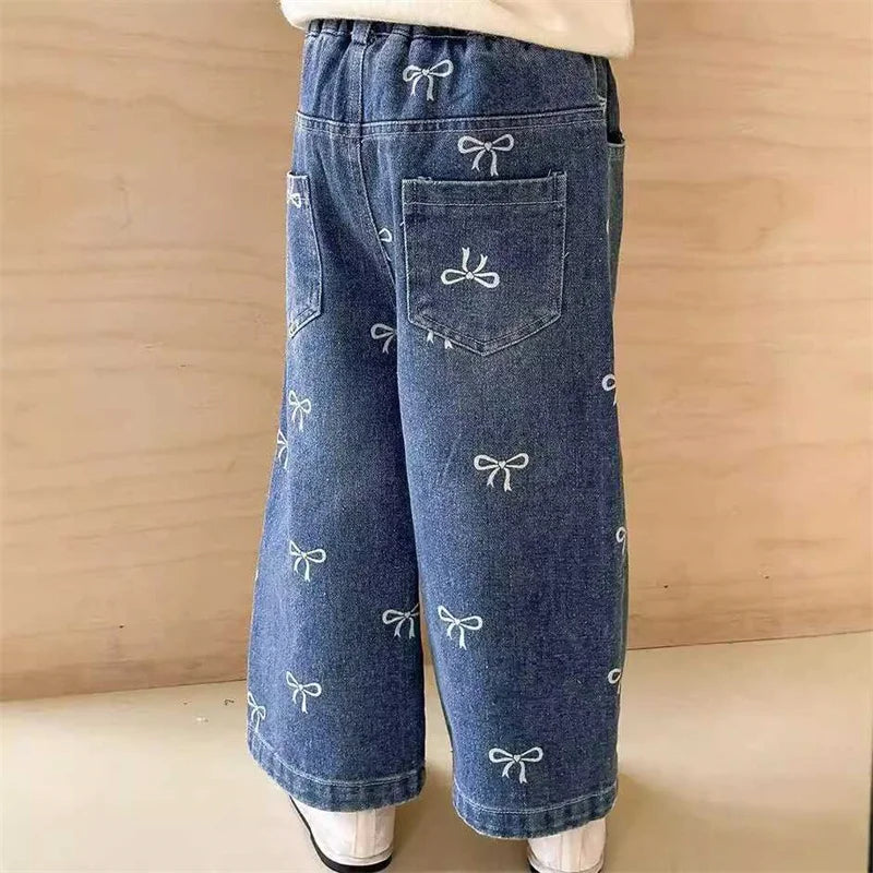 Girls Spring Autumn Jeans New Children Fashion Print Bow Loose Pants Kids Trends Wide Leg Trousers  Baby Casual Baggy Clothing