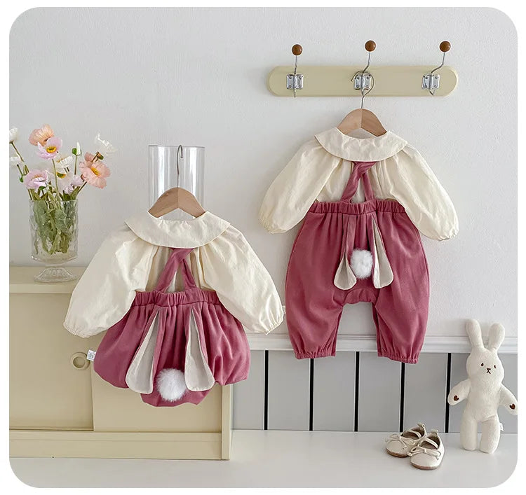 Baby Girl Two Piece Set Newborn Autumn Korean Children Clothing Baby Girls Solid Color Shirt Suspender Pants Cute Clothing