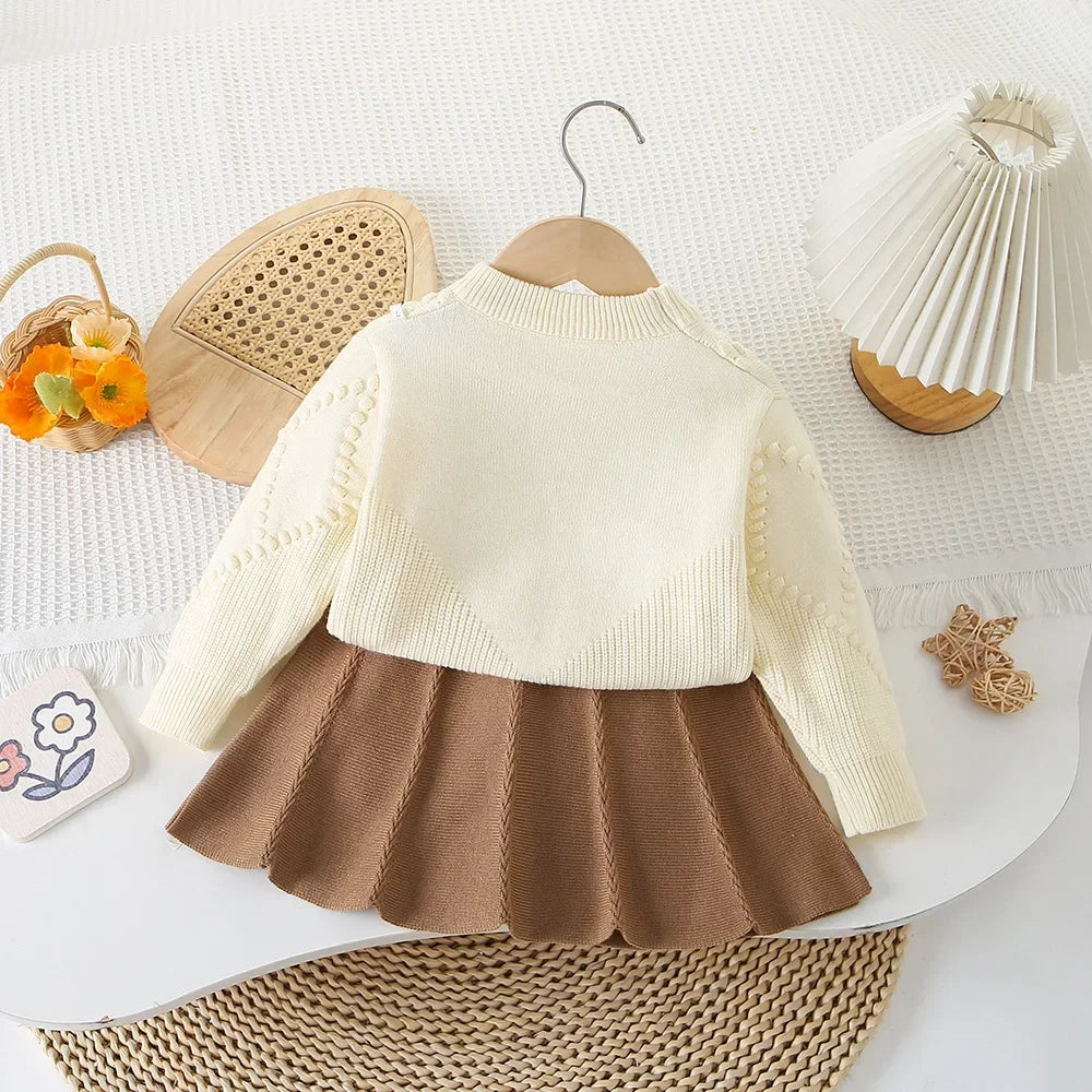 Children's Clothing Sets Bow Knit Top + Pleated Skirt Winter Baby Girl Clothes Knit Sweater for 2 -6 Years Toddler Girl Cardigan