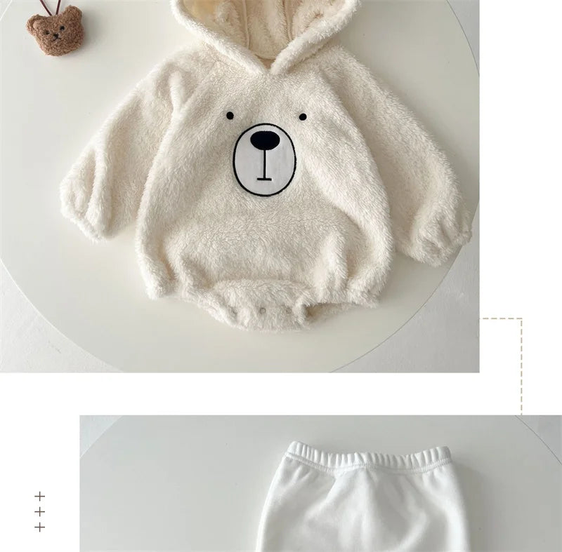 Baby Clothing Autumn Winter Cute Hooded Cartoon Bear Baby Crawling Clothes Pajamas Warm Double-sided Plush Jumpsuit Trousers Set