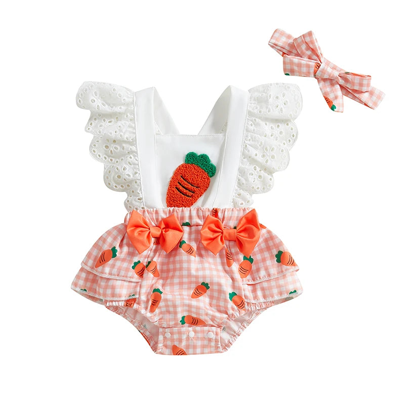 VISgogo Conjuntos de Pascua para Bebé Niña: Bodysuit Calado sin Mangas Cuello Cuadrado con Estampado de Zanahorias y Diadema con Lazo