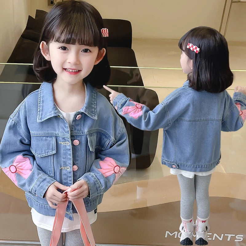 Lovely Style Babi Girls Casual Blue Denim Jacket Coat with Bow Embroidery Kids Child Fashion Spring Autumn Streetwear Outfit