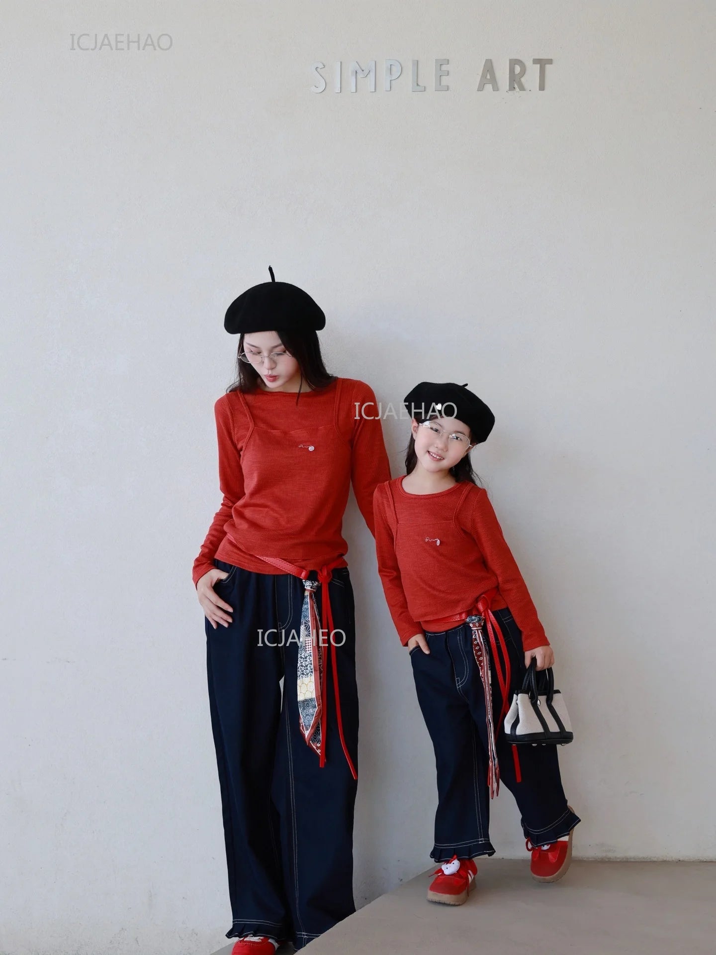 Matching Mother Daughter Children Orange Casual Outfit Straight Leg Jeans with Ribbon Trim Wide Leg Soft Denim Pants and Top Set