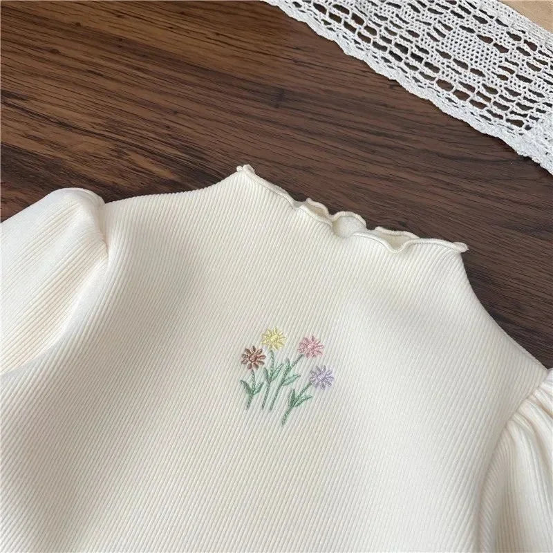 Kleinkind Mädchen Pullover Winter Kinder Warme Verdickte Pullover Kinder Puffärmel Blumenstickerei Unterhemd 1-6 Jahre Freizeitkleidung