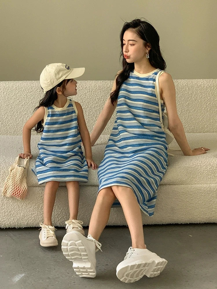Mommy and Me Dress Family Fashion Summer Set Clothes for Mother  Daughter Stripe Sports Skirt Set Matching Mother Daughter Outfi