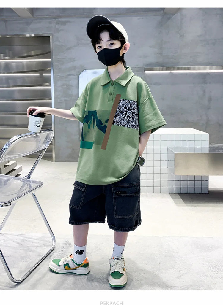 Jungen Kleidung Sommer Set Kind Mode Kurzarm Poloshirt & Jeansshorts 2-teiliger Anzug Teens Kinder Oberteil und Unterteil Kleider Set