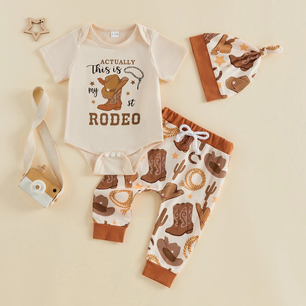 Baby Boy's Western Clothing Sets Fashionable Booties Print Short Sleeve Romper with Pants Hat 3Pcs Outfits