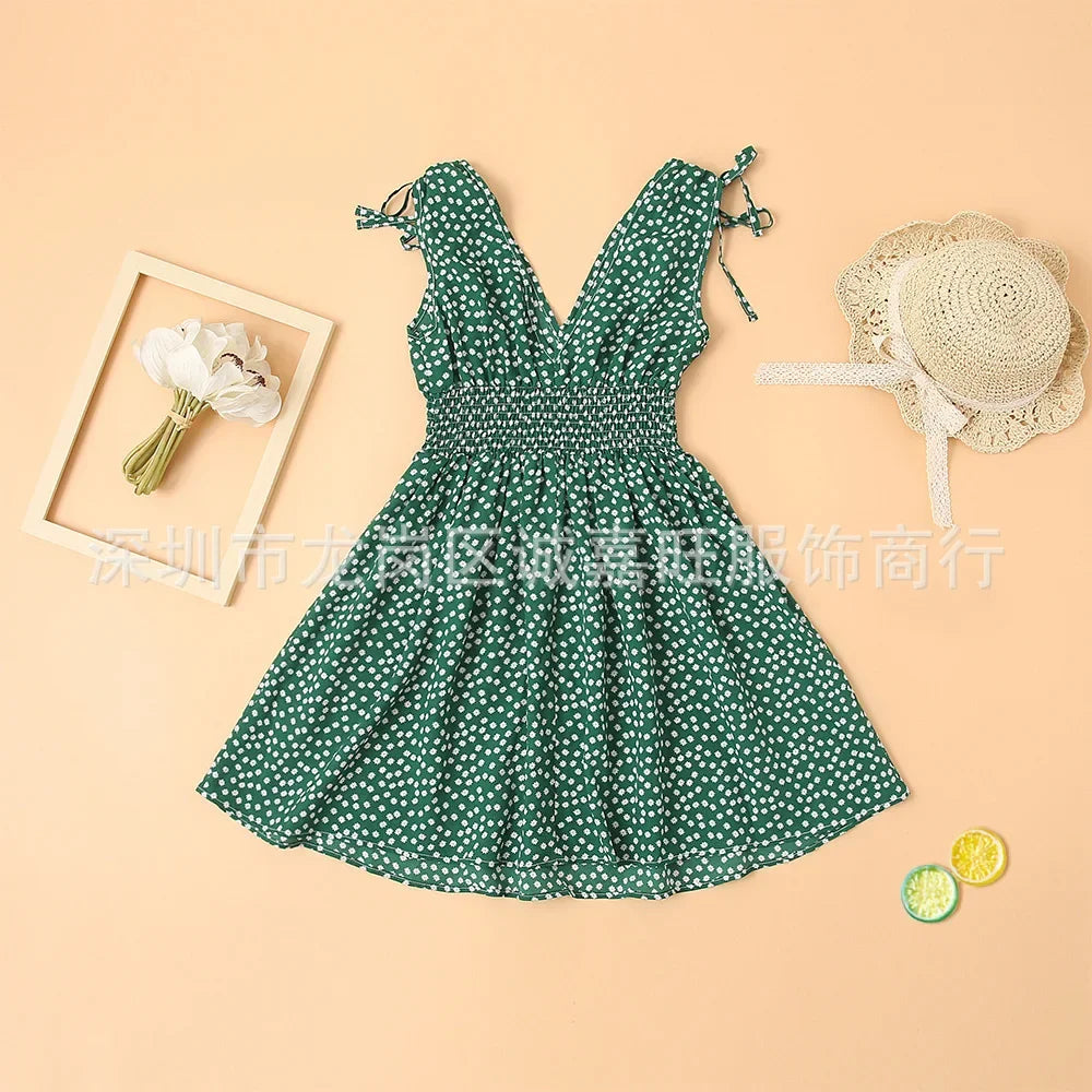 V-Neck Mother Daughter Dresses Family Set Flower Mommy and Me Matching Clothes Fashion Woman Girls Sleeveless Dress Outfits 2025