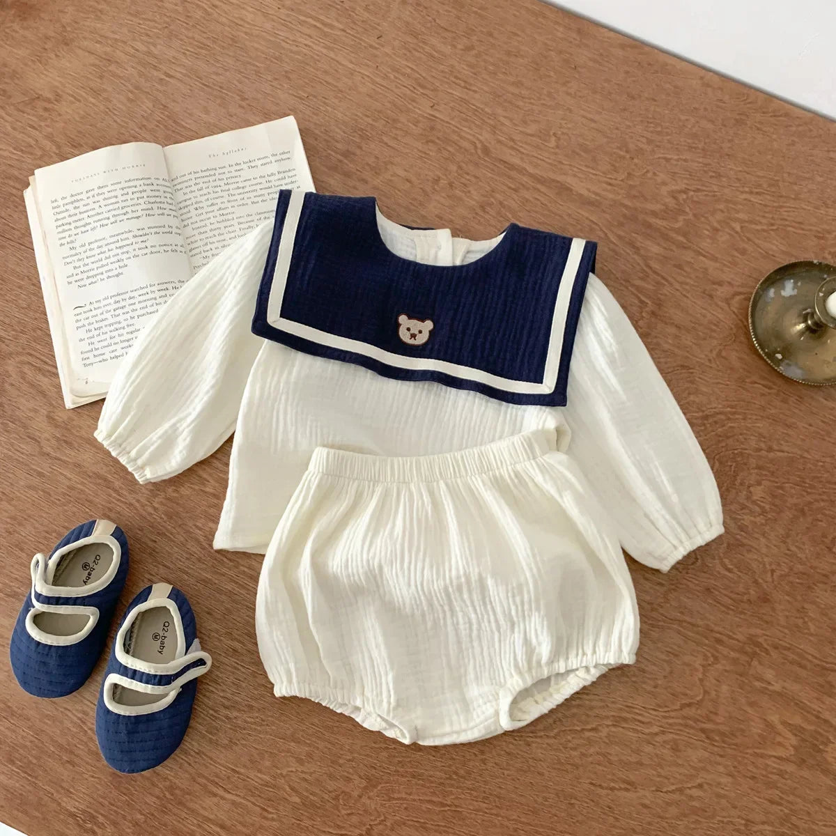 Neu im Herbst Kinder Baby Mädchen Langarm Marineführer Bären Oberteil T-Shirts + einfarbige Shorts Kleinkind Baby Baumwoll-Kleidungsset 2tlg.