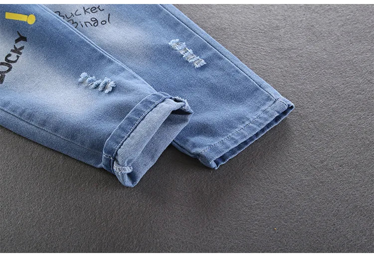 Jeans de niños de primavera otoño, pantalones vaqueros elásticos de algodón con estampado empalmado, pantalones de mezclilla coreanos para adolescentes, ropa infantil