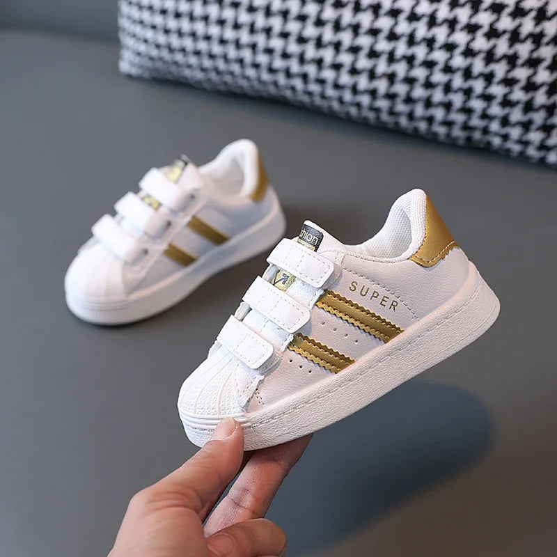 Zapatillas de deporte para niños, diseño de moda, blancas antideslizantes, zapatos casuales para niños y niñas, zapatillas transpirables con velcro, zapatos de exterior para niños pequeños.