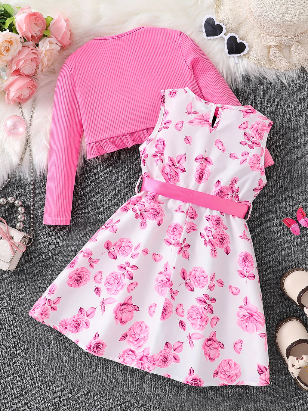 Kinderkleidung Mädchen Herbstmode Freizeit Rosa Blumiges Kleid Set 2-teilig - Rosa Rundhals-Weste + Rosa Blumenrock