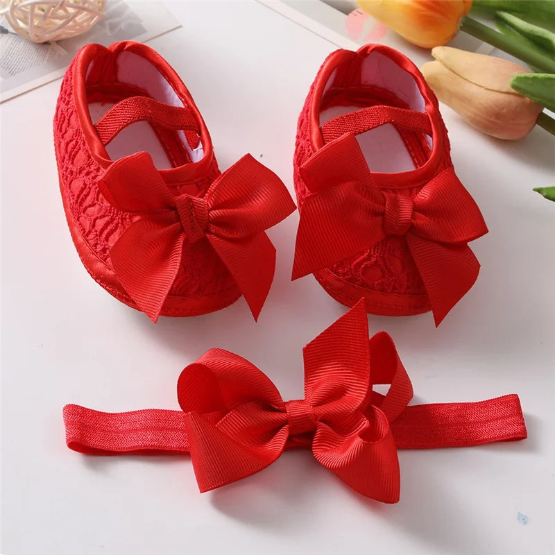 Cute Bowknot Baby Shoes for Spring Autumn First Walker Breathabled Anti-skidding Sandals 0-1 Years Old Solid Lace With Hairband