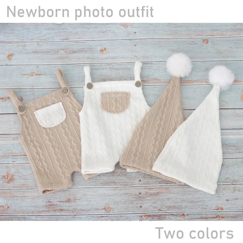 Ropa para fotografía de bebés recién nacidos, conjuntos de punto para sesión de fotos de bebés, pantalones con tirantes y gorro con pompón de piel.