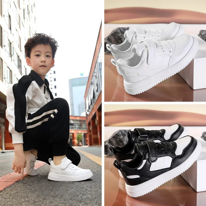 Boys Shoes Sneakers Leather Children Comfortable Flat Shoes Black White Shoes for Kids Girls School Walking Footwear Non Slip