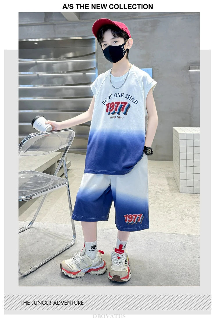 Jungen Sommer Kleidung Set Neu Lässiges Baumwoll Gradient T-Shirt & Shorts 2-teiliger Anzug Kinder Teenager Luxus Kleidung Trainingsanzug