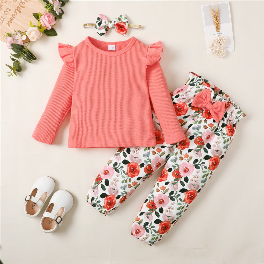 Conjunto de ropa de niña de 1 a 5 años, manga larga, top de color sólido + pantalones florales, conjunto de ropa de moda de primavera y otoño para niña pequeña