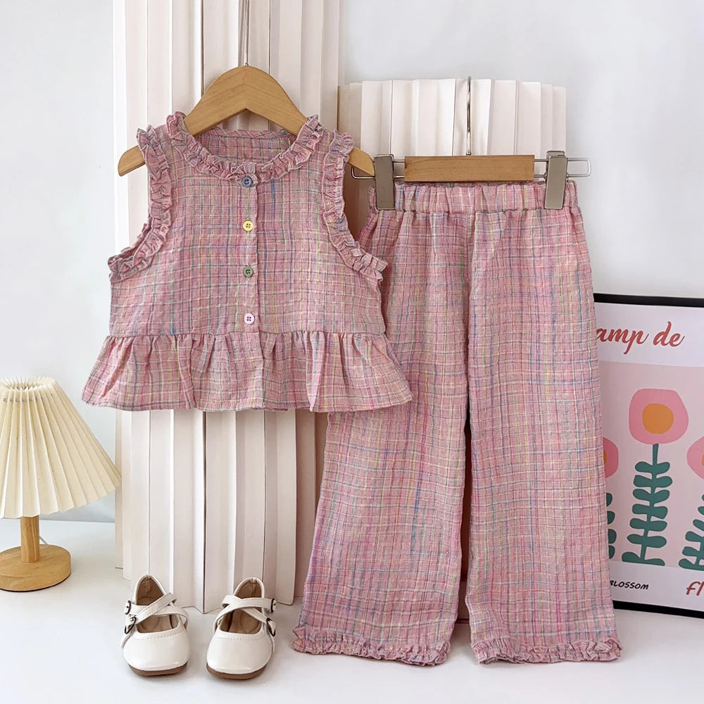 Rosa zweiteiliges Sommer-Set für Mädchen mit einreihigem ärmellosem Oberteil und Freizeithose, neue Kinder-Sets Kinderkleidung