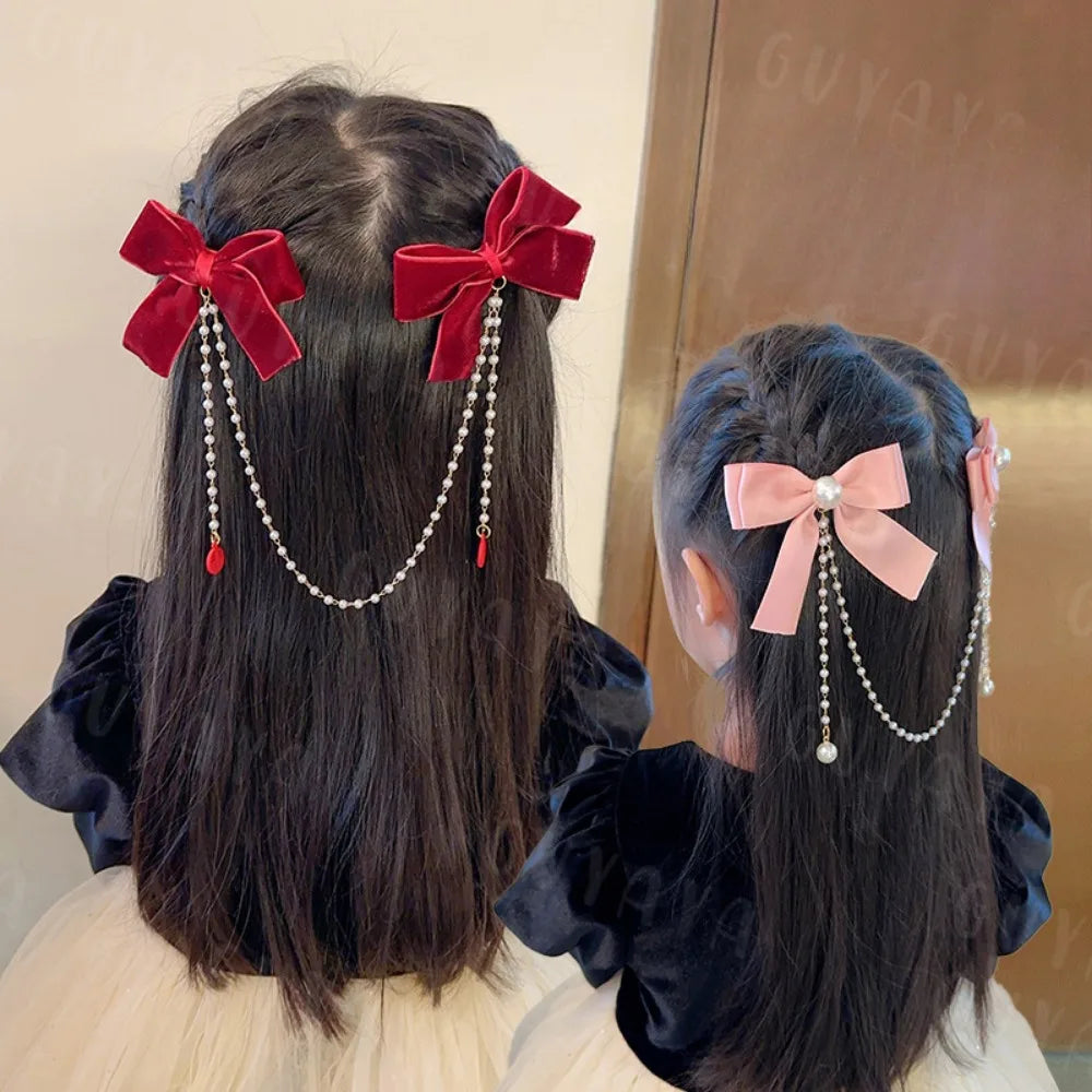 Dulce estilo princesa, perlas rosas, cadena de lazo, horquilla para el pelo para mujer, horquillas bonitas para la parte trasera de la cabeza para niñas, accesorios para el pelo