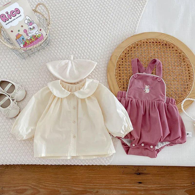 Baby Girl Two Piece Set Newborn Autumn Korean Children Clothing Baby Girls Solid Color Shirt Suspender Pants Cute Clothing