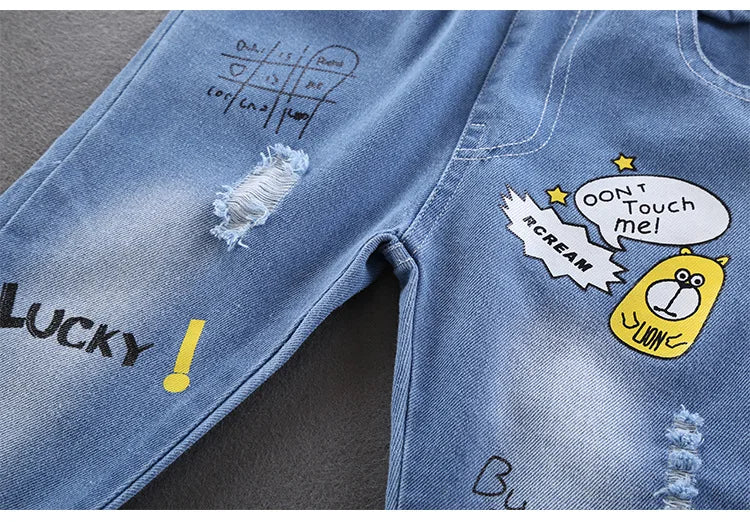 Jeans de niños de primavera otoño, pantalones vaqueros elásticos de algodón con estampado empalmado, pantalones de mezclilla coreanos para adolescentes, ropa infantil