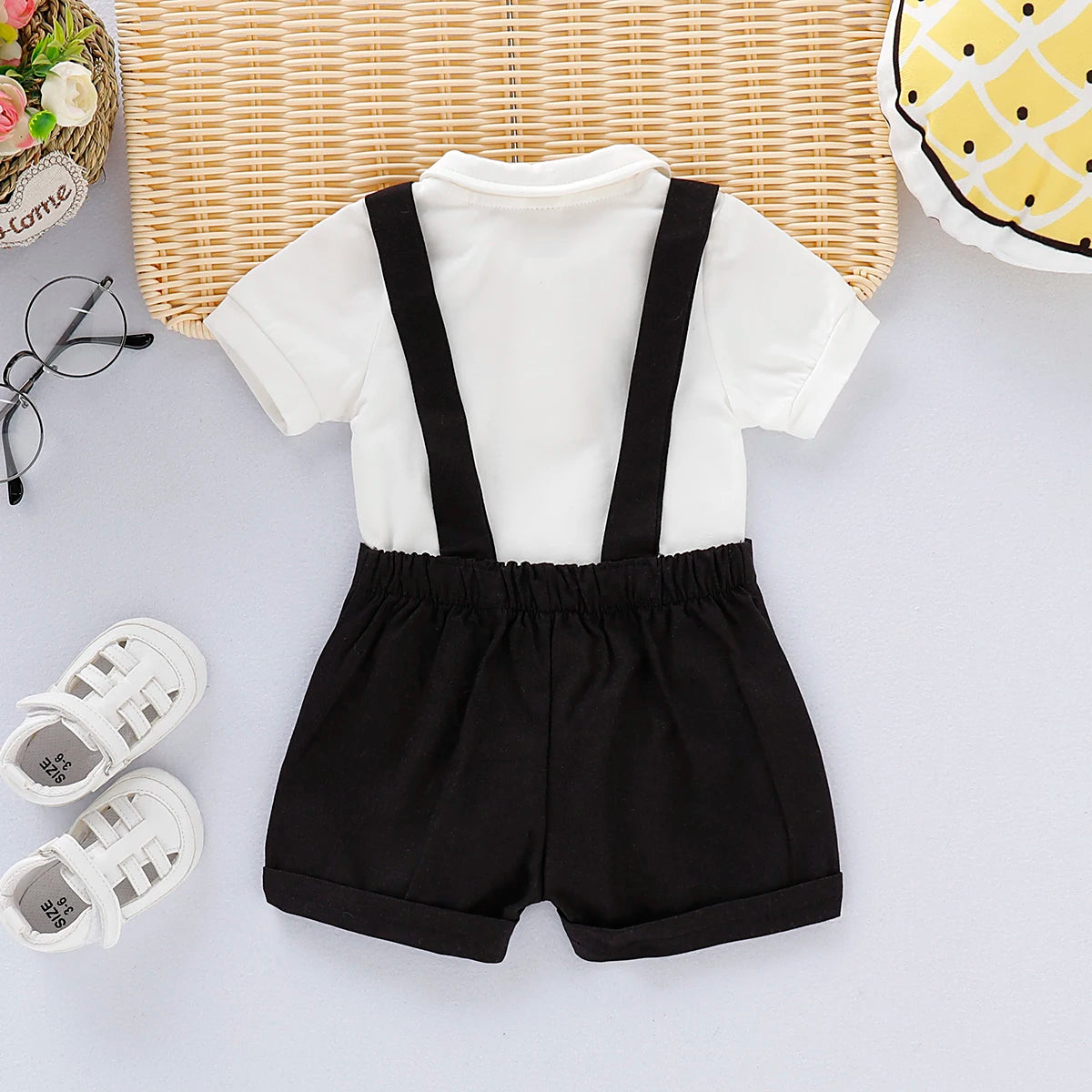 Conjunto de Traje Formal de Caballero para Bebé Recién Nacido, Camisa de Manga Corta con Lazo + Pelele de Pantalones Cortos, Moda de Verano, 2 Piezas