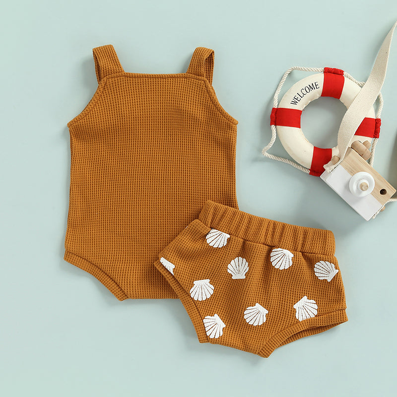 Conjuntos de ropa de verano para bebés de 0 a 18 meses, para niños y niñas, estampado de conchas, tirantes, botones, cuadros, monos de punto + pantalones cortos, chándales