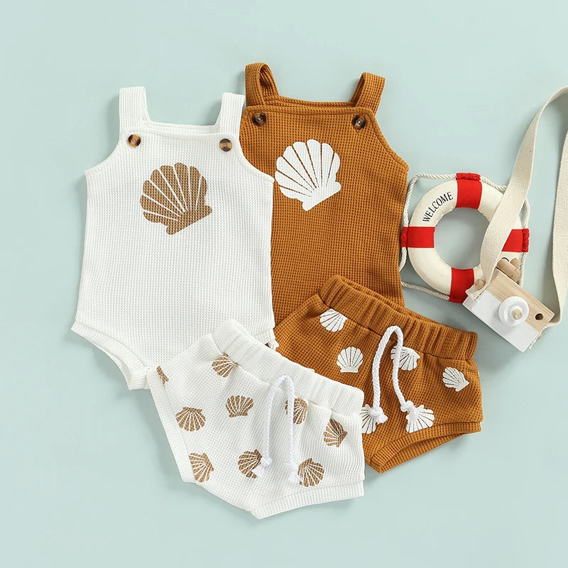 Conjuntos de ropa de verano para bebés de 0 a 18 meses, para niños y niñas, estampado de conchas, tirantes, botones, cuadros, monos de punto + pantalones cortos, chándales
