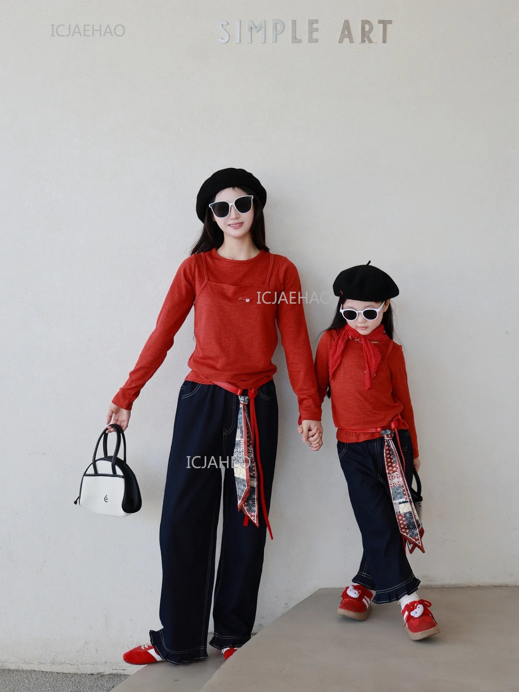 Matching Mother Daughter Children Orange Casual Outfit Straight Leg Jeans with Ribbon Trim Wide Leg Soft Denim Pants and Top Set