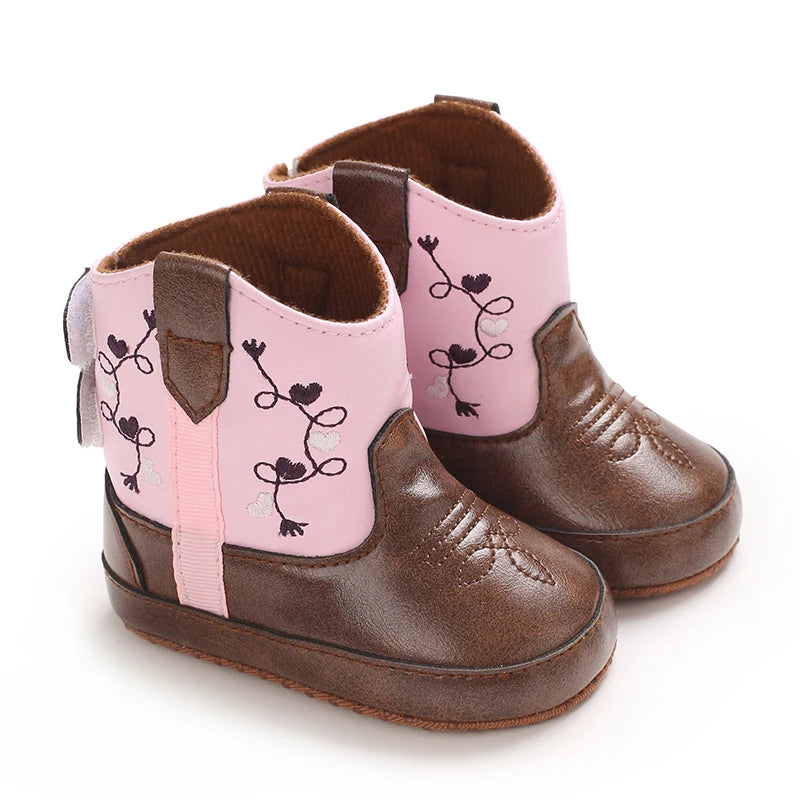 Leather Western Boots Cowboy Bootie Soft Sole Non-Slip Crib Shoes for Baby Infant Toddler Girls Boys Newborn