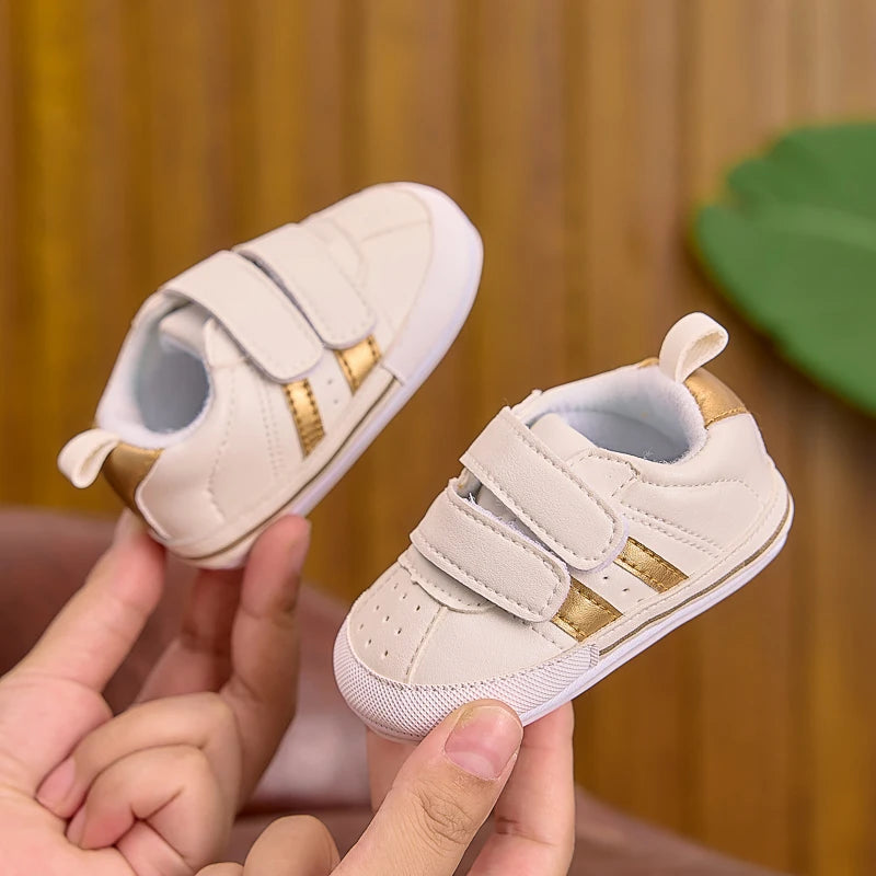 Suitable for Spring and Autumn, Indoor and Outdoor Use, Baby Boy and Girl Walking Shoes, Two-Color Stripe Decoration, Pu with Two Velcro Straps, Rubber Sole, Casual Fashion Sneakers for 0-1 Year Old Babies