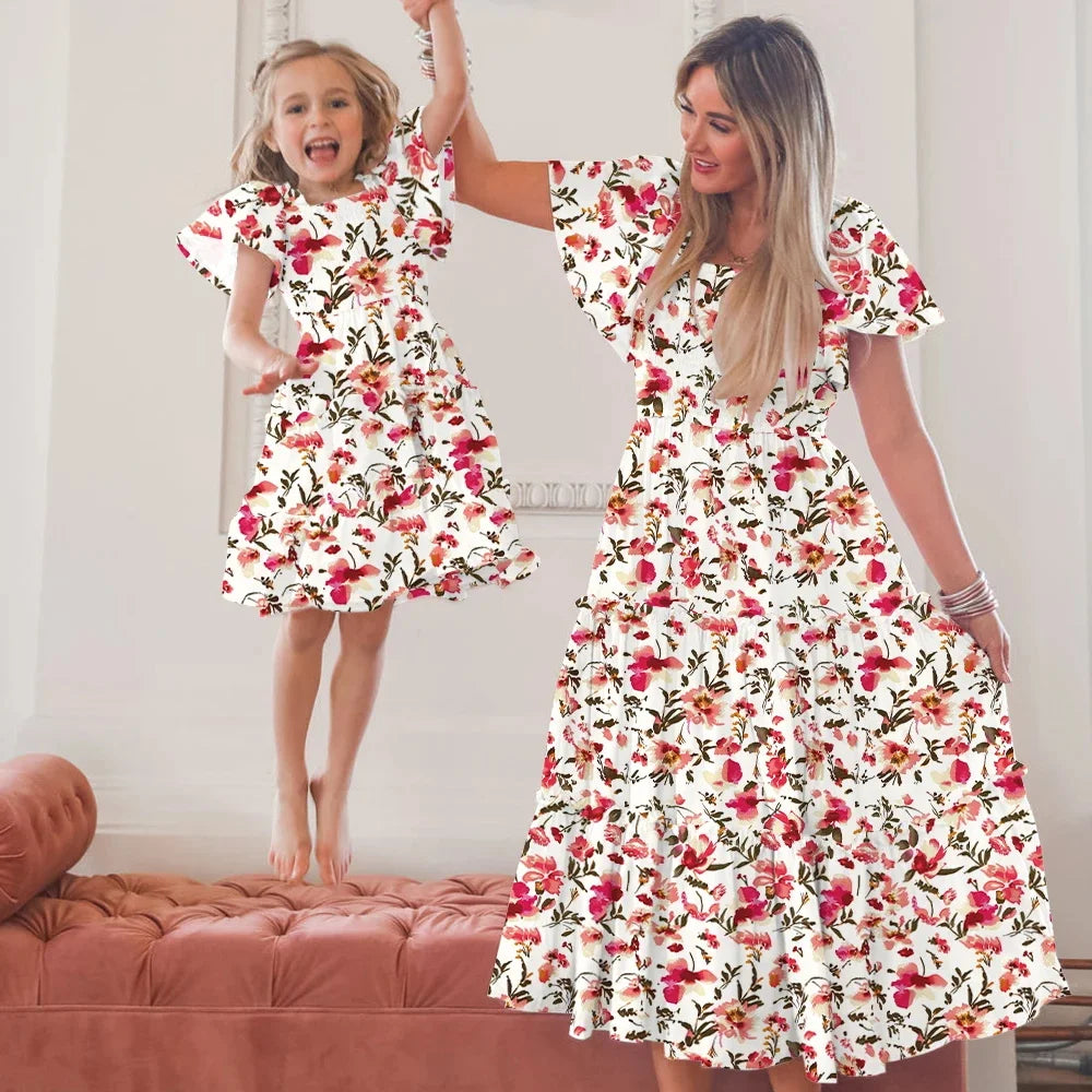 Summer Parent-Child Outfit Mommy And Me Fashion Girl Floral Print Ruffle Sleeve Sweet Dress Mother And Daughter Matching Clothes