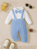 Conjunto de dos piezas para bebé recién nacido niño, primavera y otoño, mono con lazo en el cuello y pantalones azules, conjunto de caballero para bebés de 0 a 18 meses.