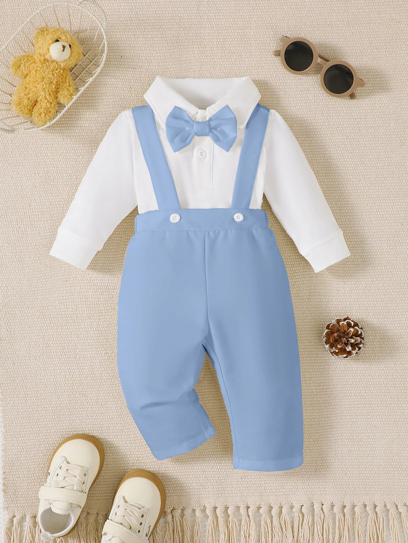 Conjunto de dos piezas para bebé recién nacido niño, primavera y otoño, mono con lazo en el cuello y pantalones azules, conjunto de caballero para bebés de 0 a 18 meses.