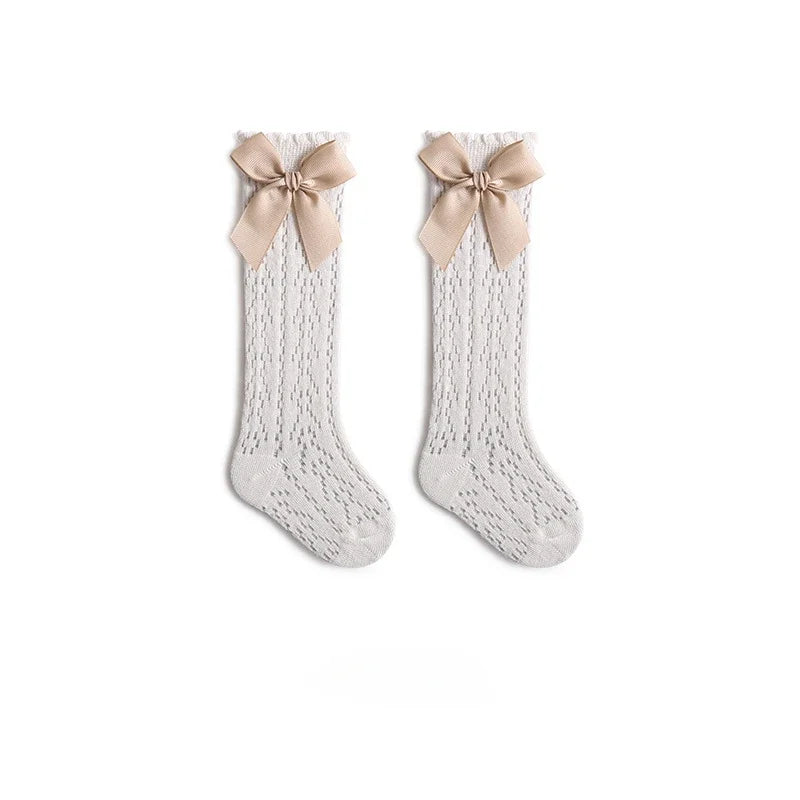 Baby Knee High Socks Kids Girls Boys Bow Long Sock Soft Cotton Mesh Breathable Children Hollow Out Socken for 0-3 Years Old