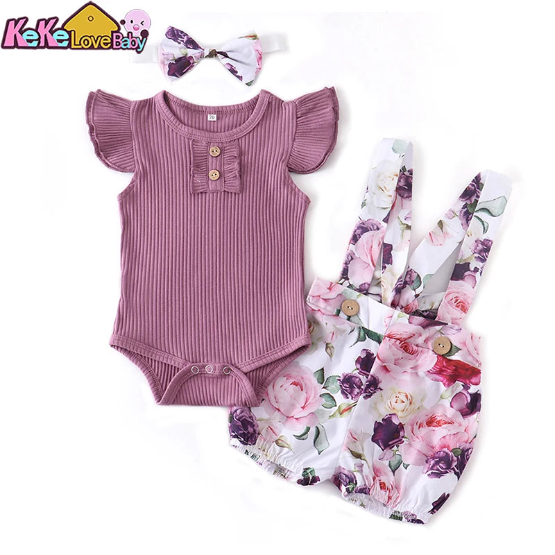 Ropa de bebé recién nacida niña verano, conjunto de 3 piezas, moda sin mangas, mameluco de color sólido, monos casuales, diadema, ropa para bebé