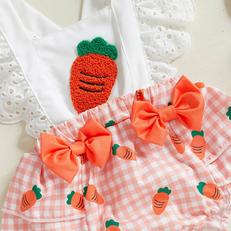 VISgogo Conjuntos de Pascua para Bebé Niña: Bodysuit Calado sin Mangas Cuello Cuadrado con Estampado de Zanahorias y Diadema con Lazo