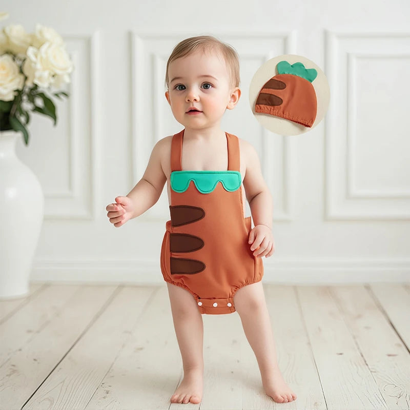 0-18 Monate Kleinkind Neugeborenes Baby Sommer-Outfit Freizeit Ärmelloser Früchte-Overall Strampler mit Hut 2-teiliges Set für Jungen und Mädchen