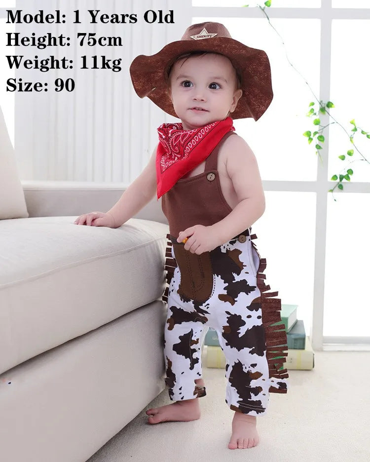 Ropa de bebé, disfraz de vaquero, conjunto de 3 piezas para bebé y niño pequeño: sombrero, bufanda, pelele, trajes de cumpleaños, vacaciones, cosplay