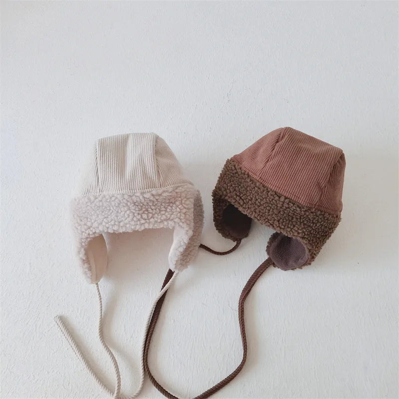 Otoño Invierno Niños Más Terciopelo Orejeras Cortavientos Frío Cálido Gorra de Pana Niño Niña Bebé Vellón Algodón Gorro Grueso Liso