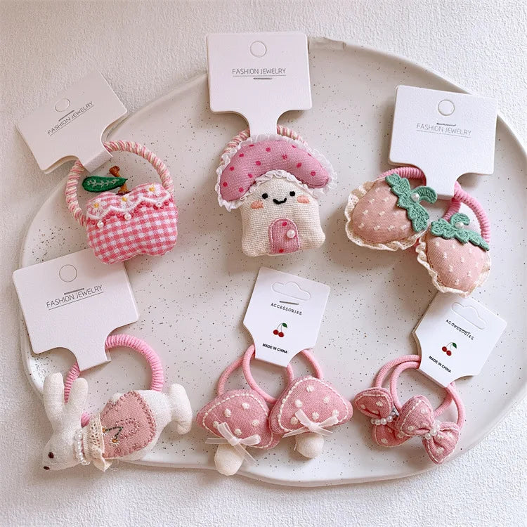 Pink Padded Fabric Cartoon Fruit Hair Clips Hair Ties for Girls Sweet Elastic Ponytail Holders Cute No Damage Hair Accessories