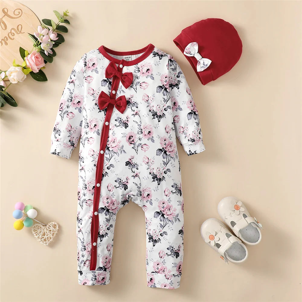 0-18 Monate Neugeborenes Baby Mädchen Strampler Kleidung Langarm Blumen Body Kostüm Süßer Baby Frühlings-Jumpsuit mit Hut