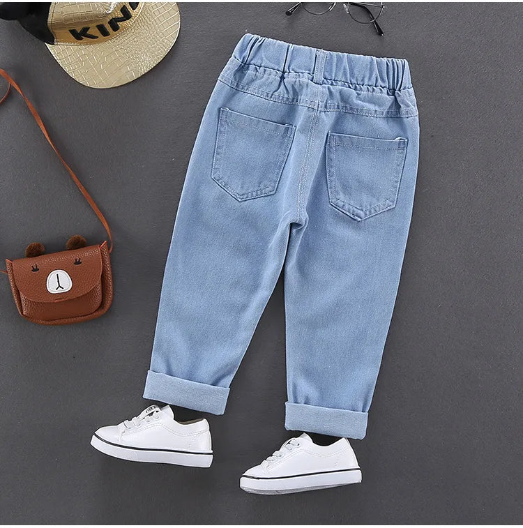Jeans de niños de primavera otoño, pantalones vaqueros elásticos de algodón con estampado empalmado, pantalones de mezclilla coreanos para adolescentes, ropa infantil