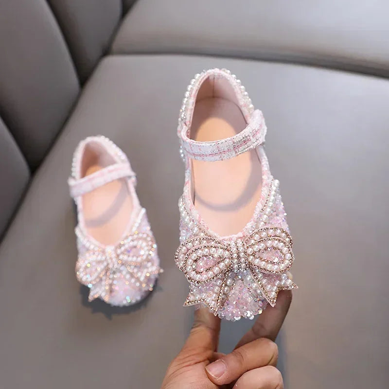 Sandalias para niñas, moda, lentejuelas, diamantes de imitación, lazo, zapatos de princesa para bebé, sandalias planas para niños, tallas 21-36