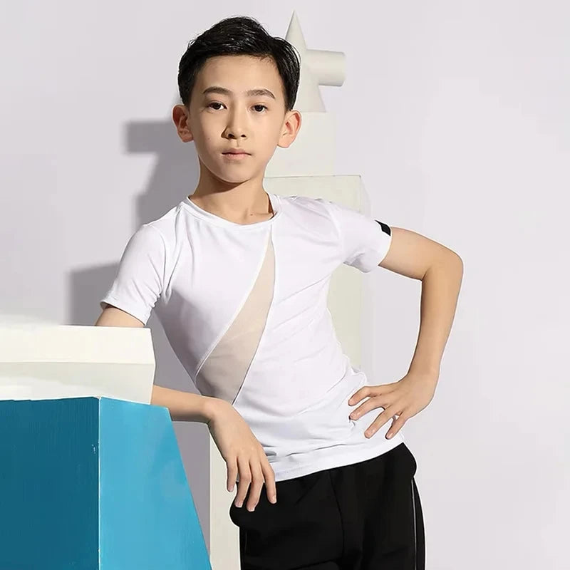 Boys Latin Dance Costume Short Sleeve Top Kids Latin Dancing Shirts Competition Performance Wear Samba Salsa Practice Clothing