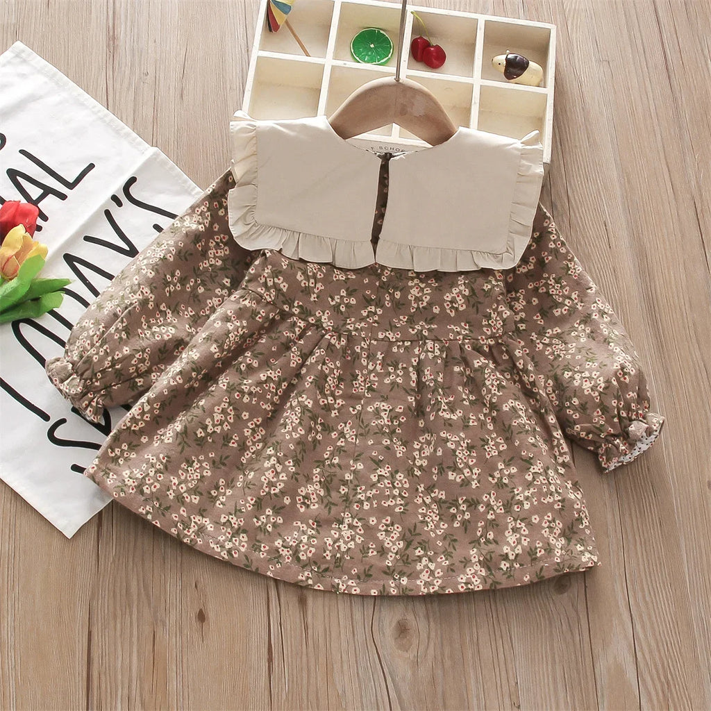 Fall Winter New Girls' Dress Lapel Floral Full Camp Bow Ribbon Lace Pleated Puffy Sleeves Sweet Girls' Dress